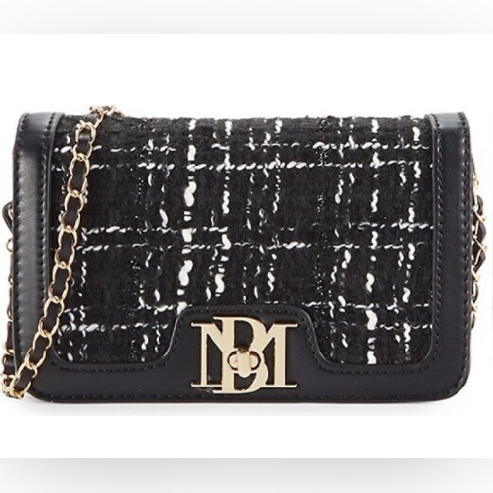 Badgley Mischka Tweed Crossbody Bag black white & gold chain strap Vegan Leather